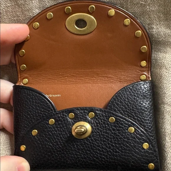 Coach Black Studded Pebbled Leather Card Case - Picture 2 of 4
